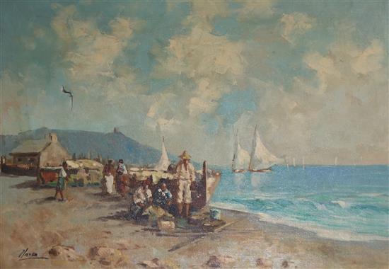 Italian School, oil on canvas, Fisherfolk along the coast, indistinctly signed, 50 x 71cm
